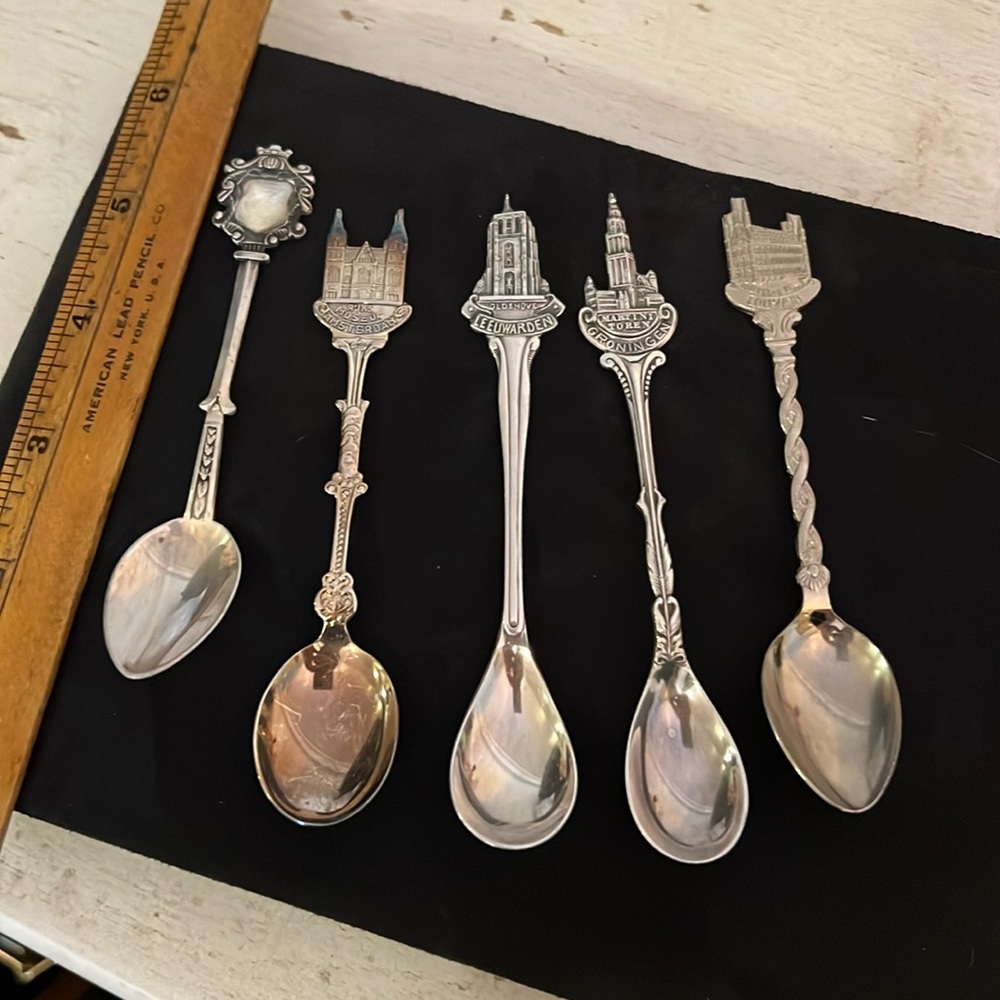 Lot 5 Antique Sterling Silver collector spoons Belgium Amsterdam Netherlands +
